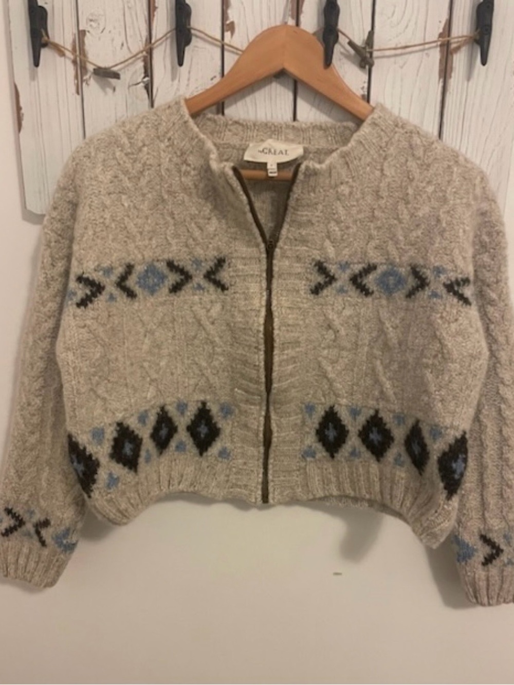 THE GREAT. Cream Knit Zip-Front Cardigan size 3